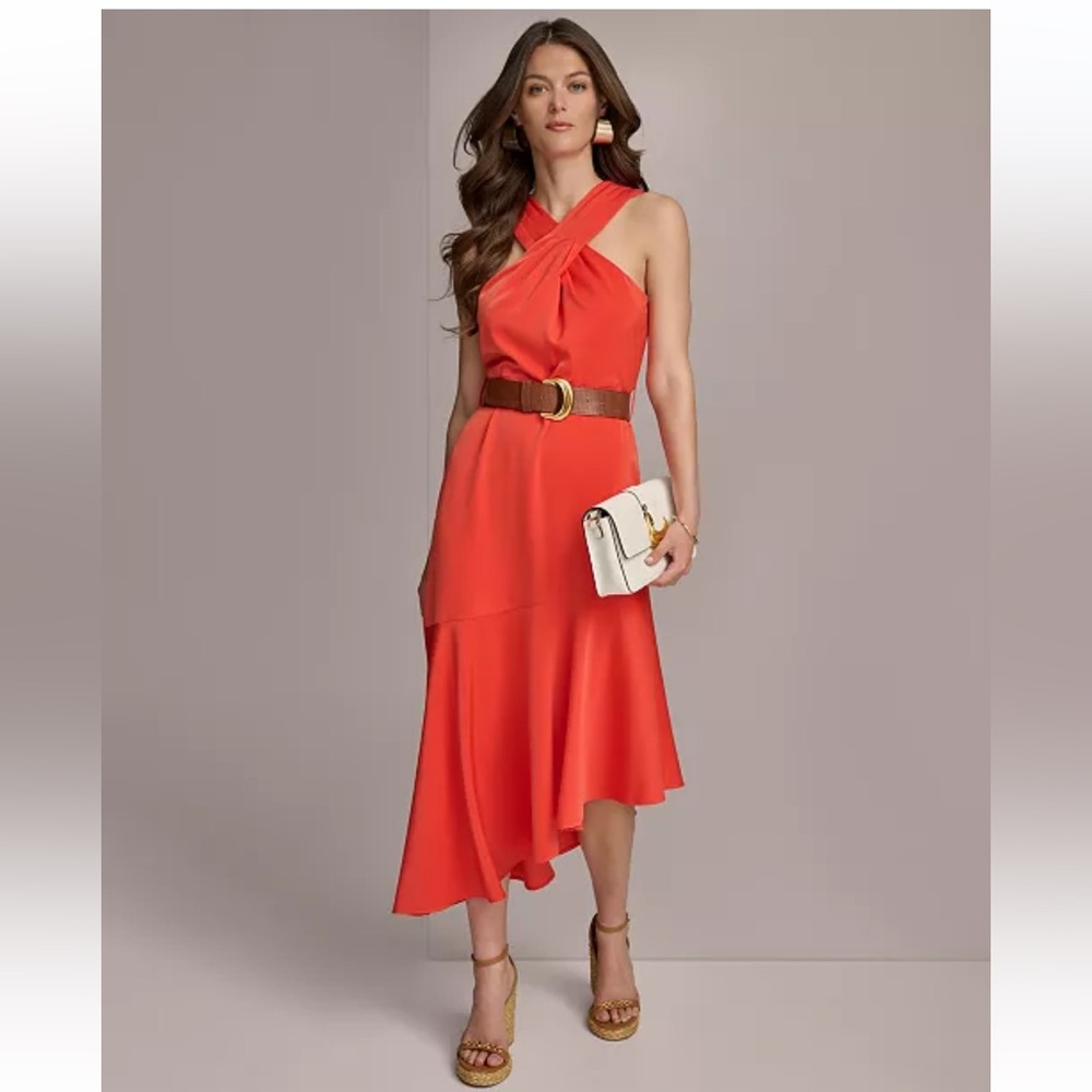 Donna Karan Red Asymmetrical Halter Dress